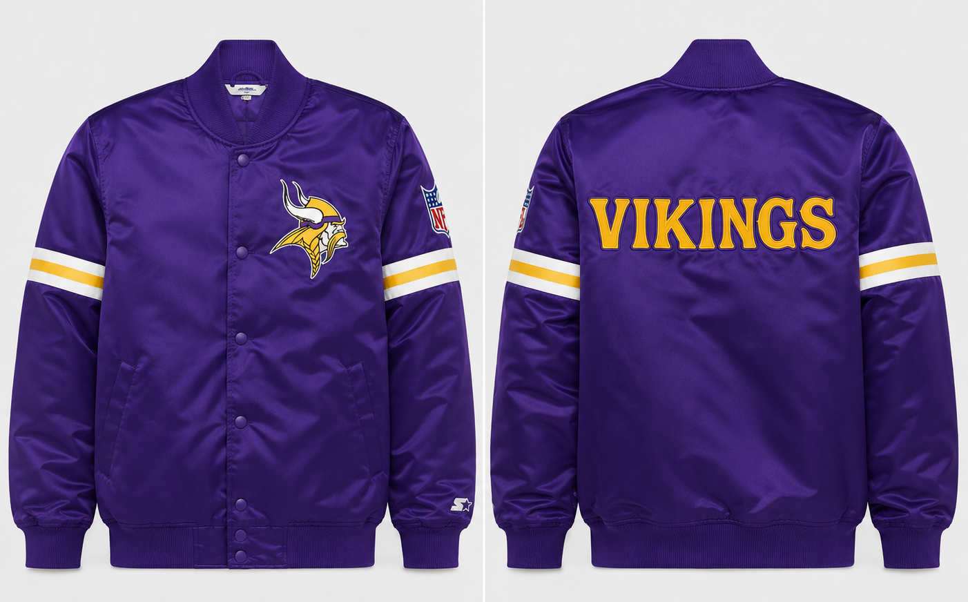 The Minnesota Vikings Purple Satin Jacket with Team Logos with white background