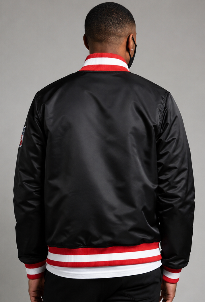 Men Wearing the San Francisco 49ers Black Satin Jacket with grey background