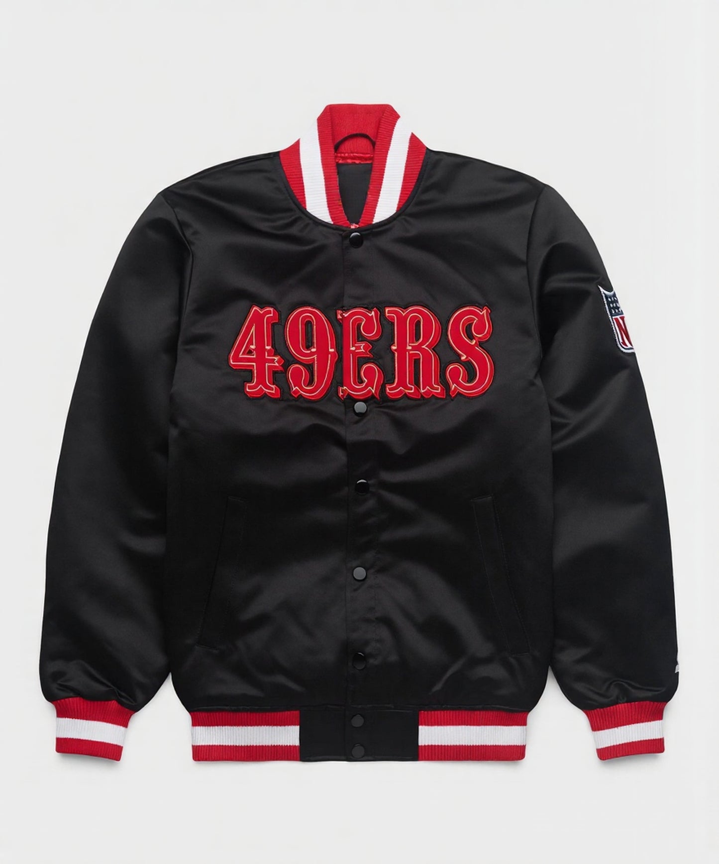 The San Francisco 49ers Black Satin Jacket with team logos with grey background