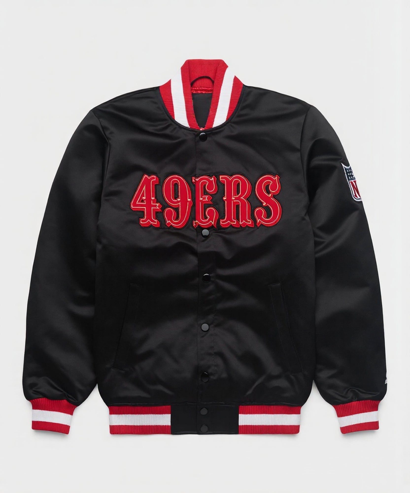 The San Francisco 49ers Black Satin Jacket with team logos with grey background