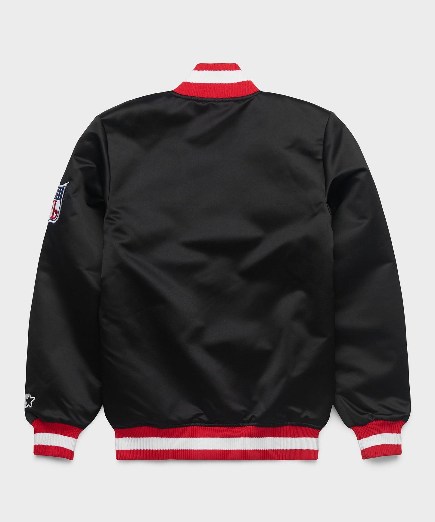 The San Francisco 49ers Black Satin Jacket with grey background