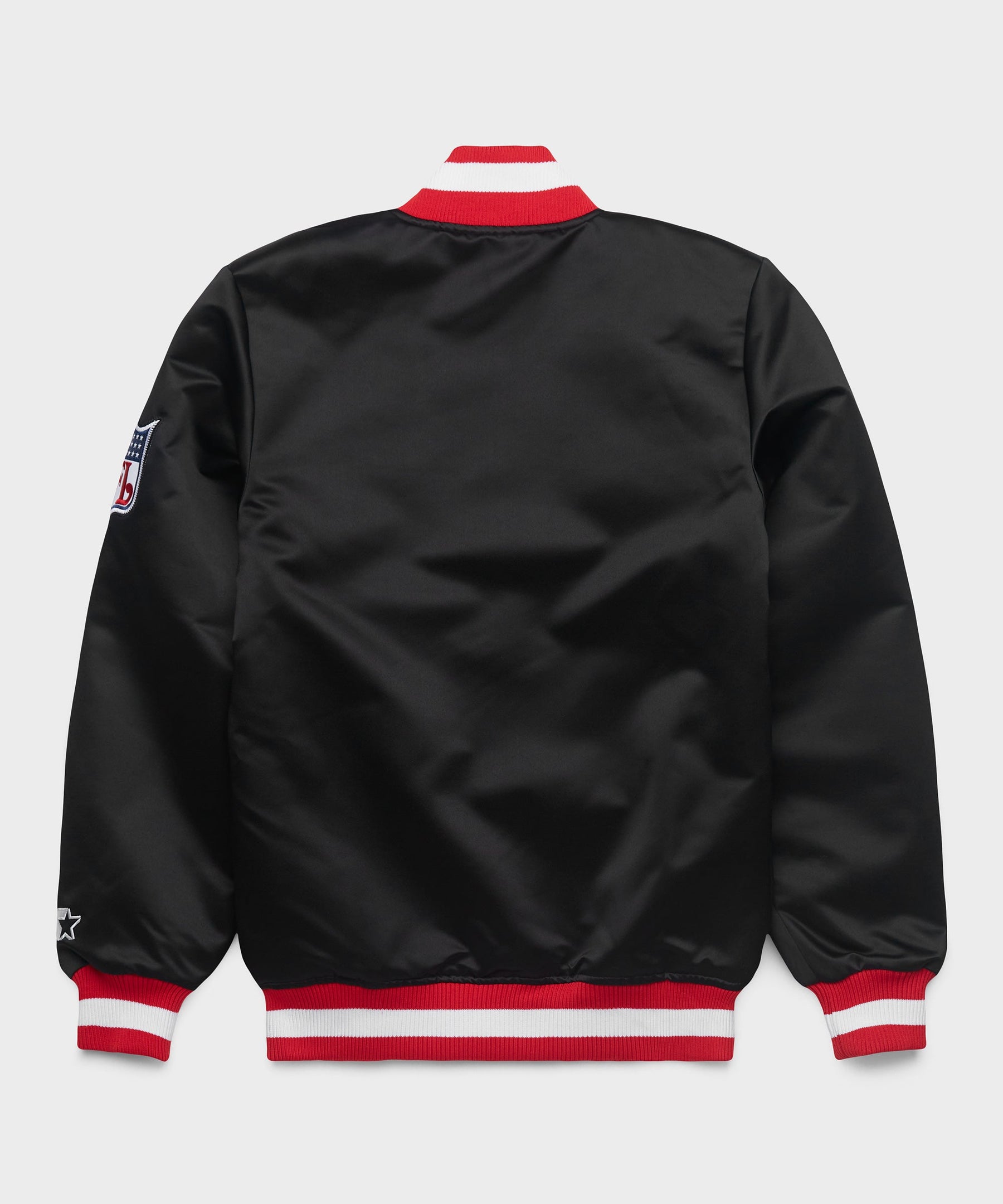 The San Francisco 49ers Black Satin Jacket with grey background