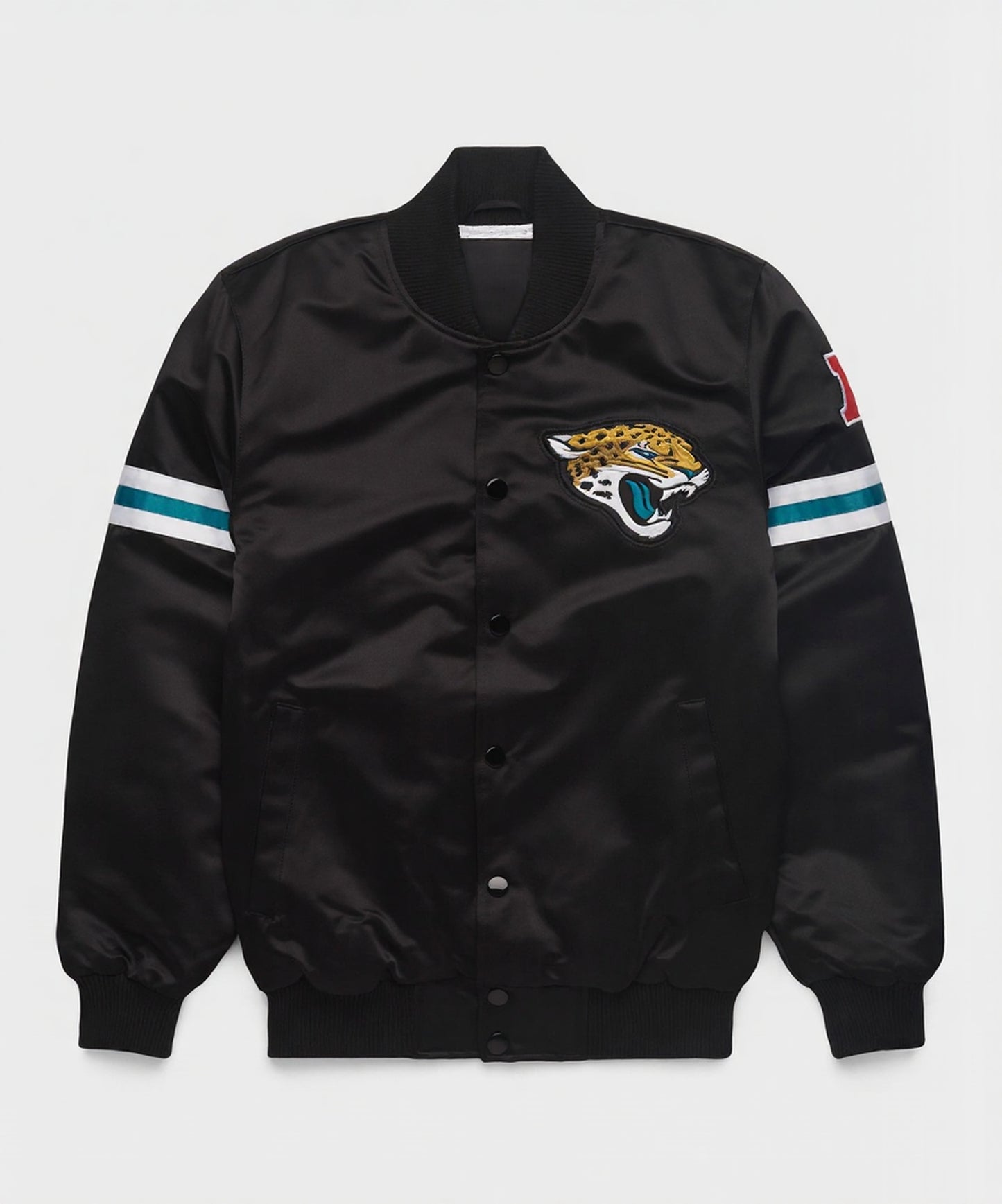The Jacksonville Jaguars Black Satin Jacket with team logos and a white background