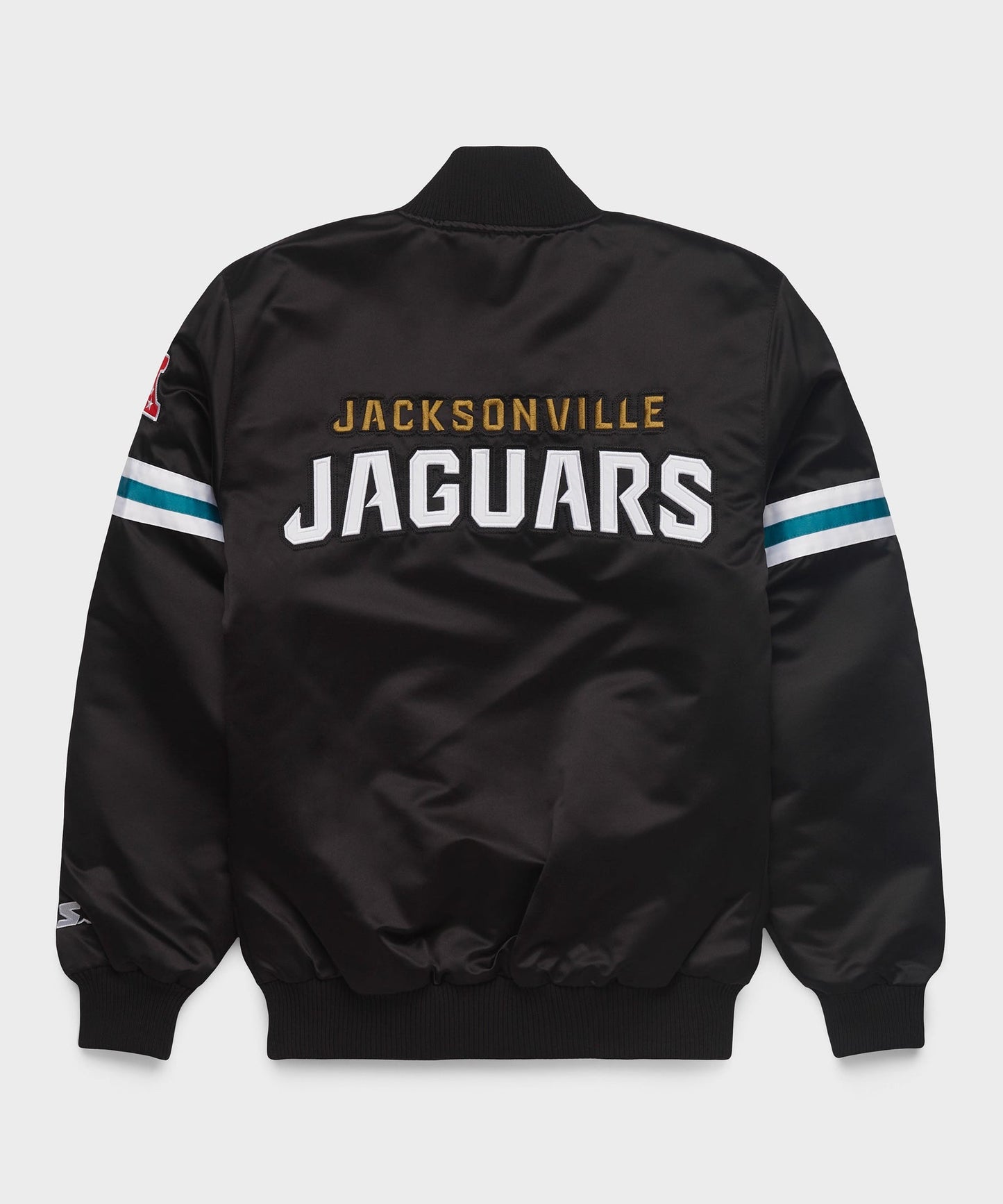 The Jacksonville Jaguars Black Satin Jacket with team logos with white background