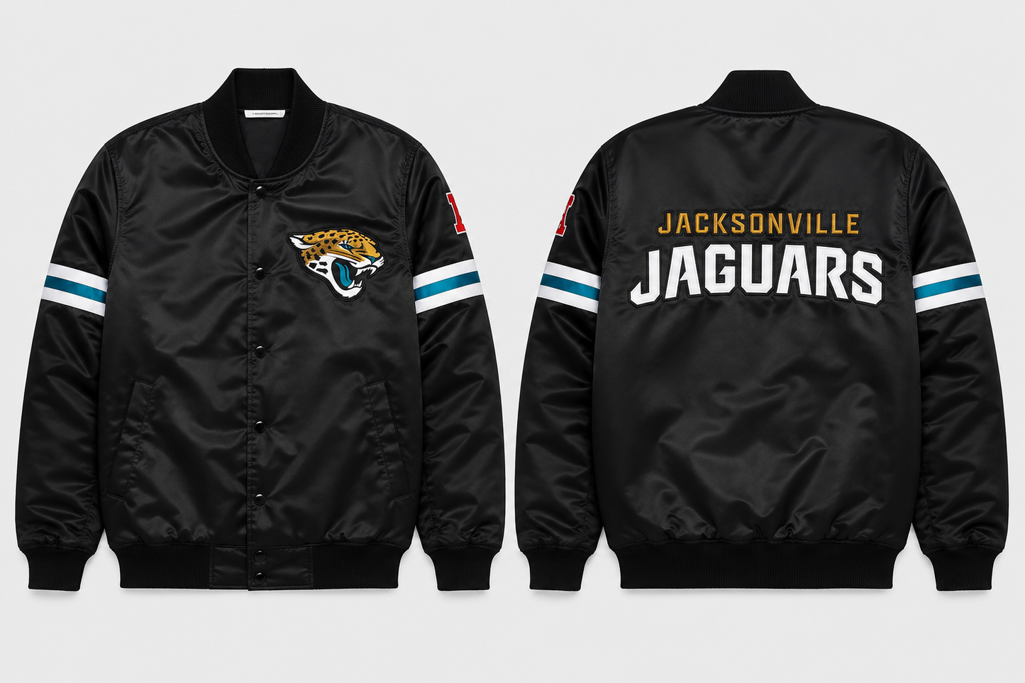 The Jacksonville Jaguars Black Satin Jacket with team logos on a white background