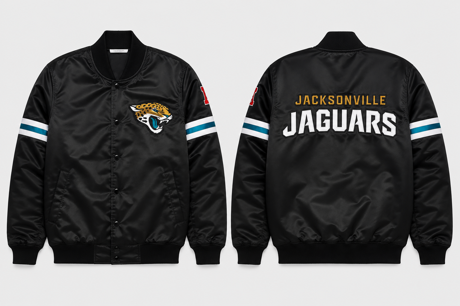 The Jacksonville Jaguars Black Satin Jacket with team logos on a white background