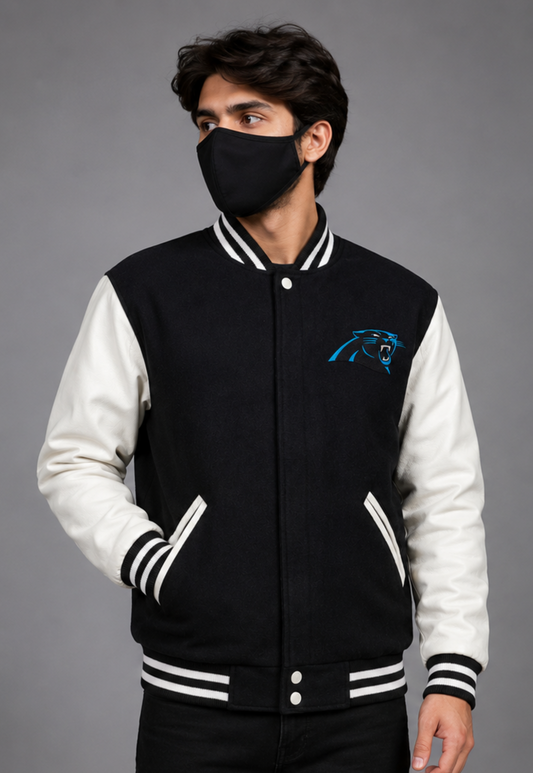 NFL Carolina Panthers Black & White Varsity Letterman Bomber Jacket for Men & Women