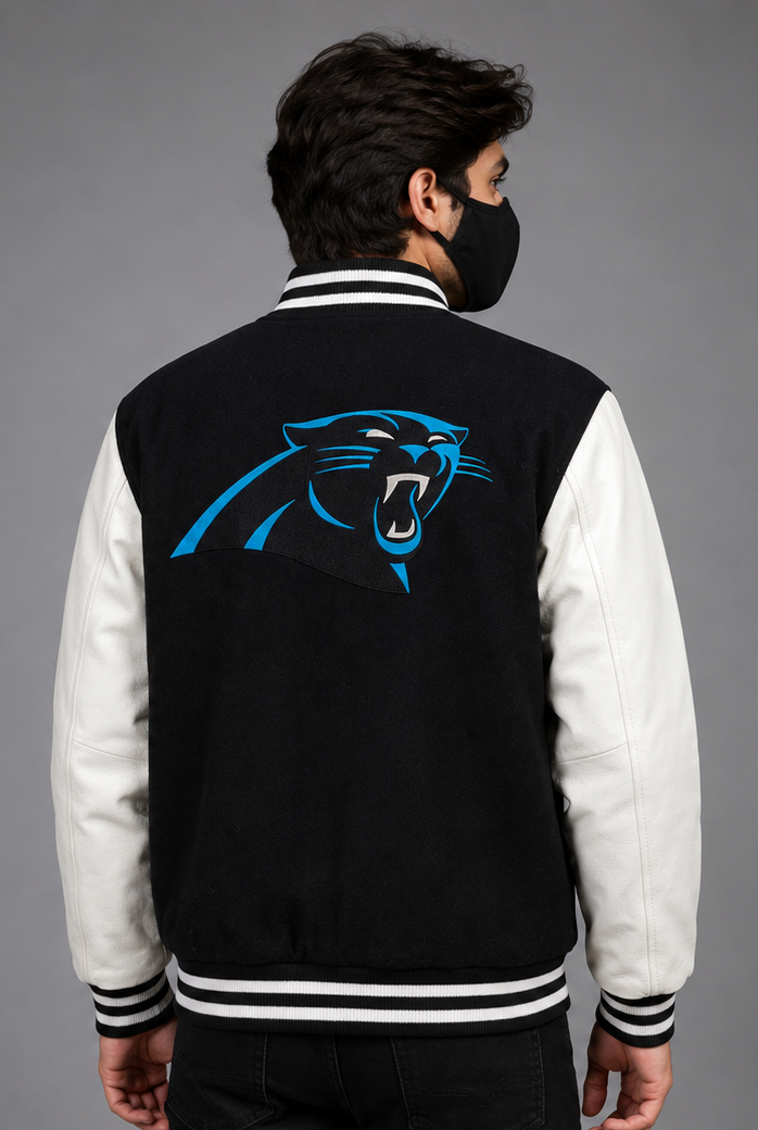 NFL Carolina Panthers Black & White Varsity Letterman Bomber Jacket for Men & Women