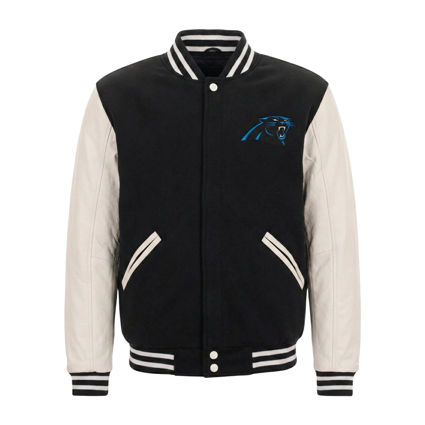 NFL Carolina Panthers Black & White Varsity Letterman Bomber Jacket for Men & Women