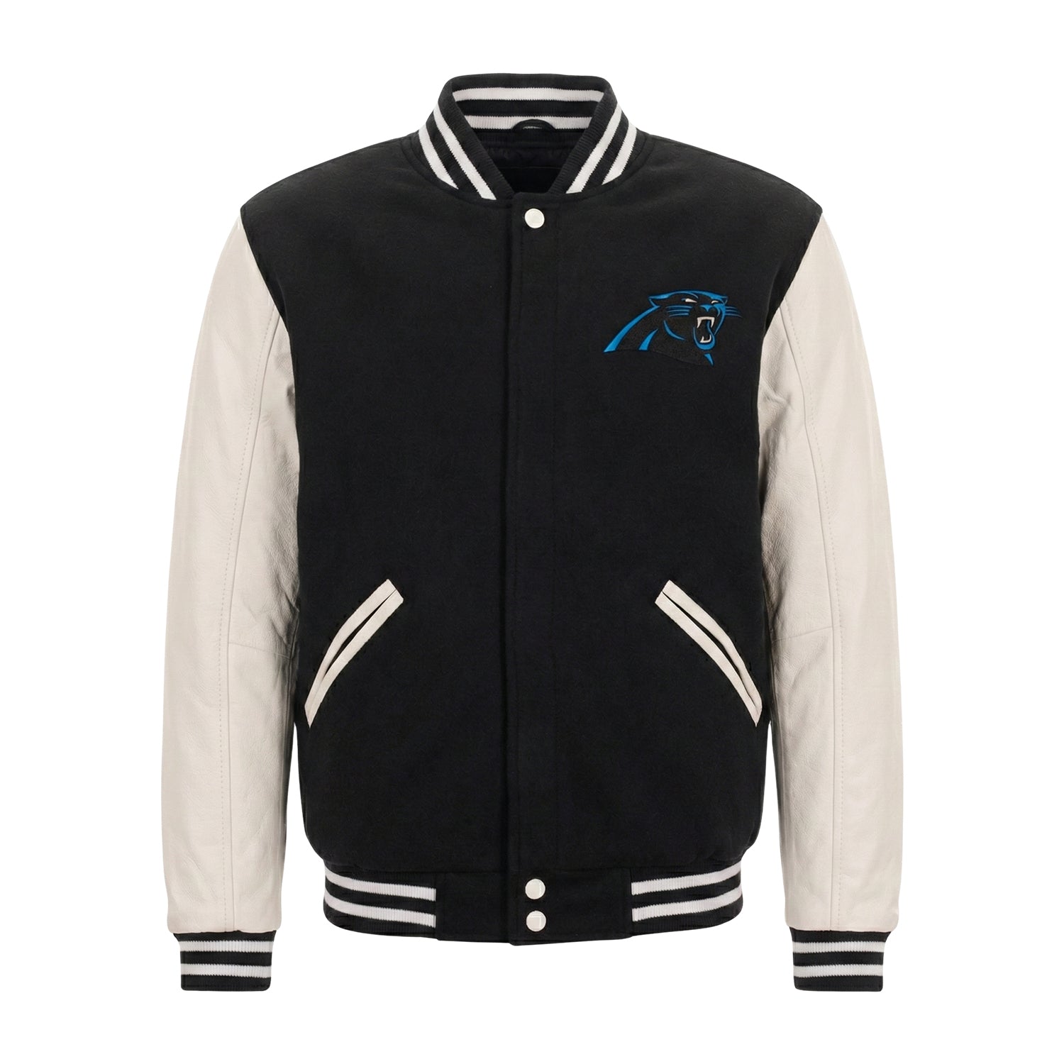 NFL Carolina Panthers Black & White Varsity Letterman Bomber Jacket for Men & Women