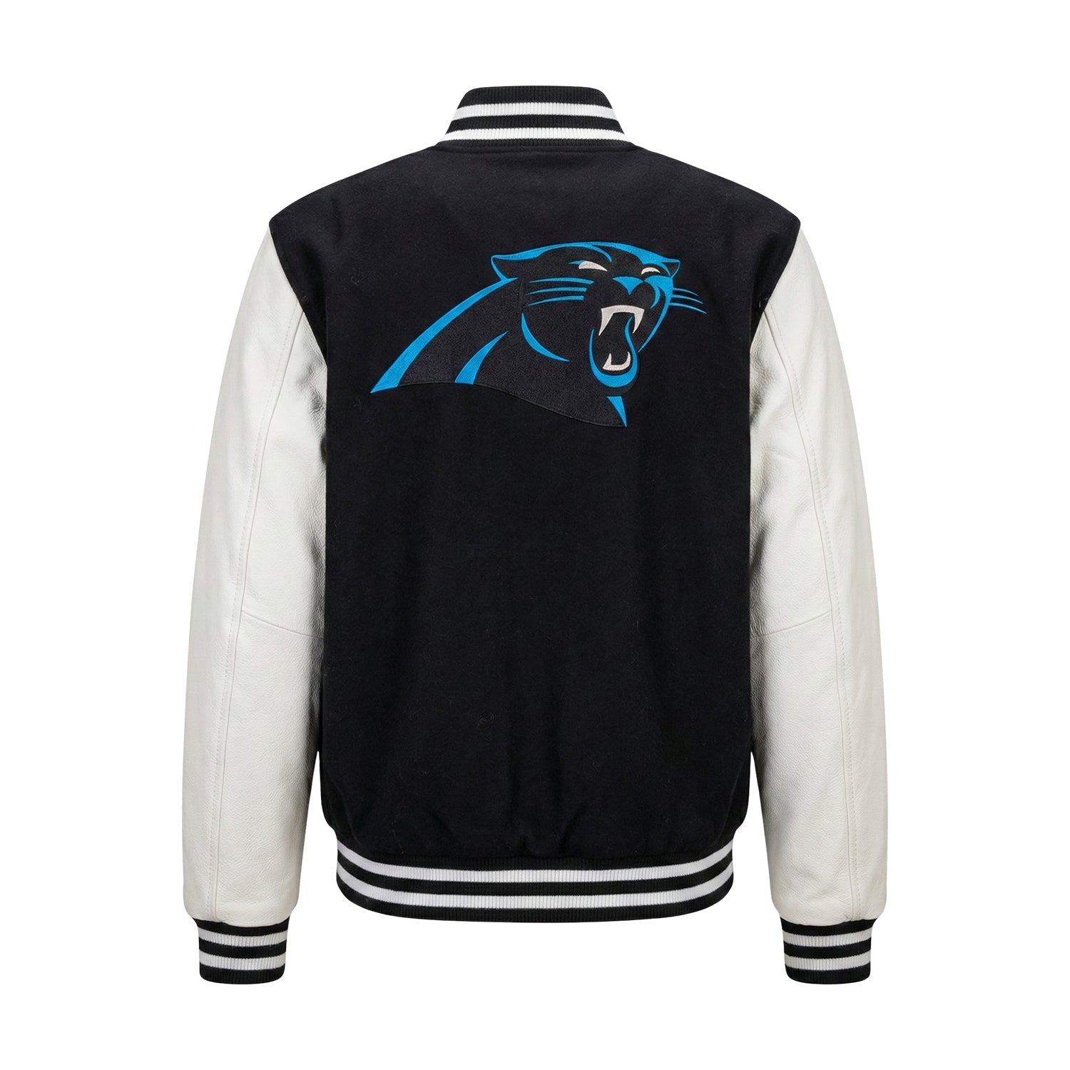 NFL Carolina Panthers Black & White Varsity Letterman Bomber Jacket for Men & Women