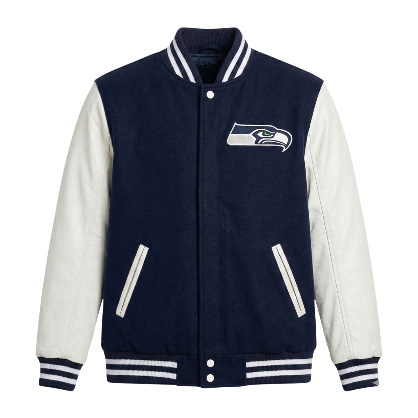 NFL Seattle Seahawks Navy Blue & White Varsity Letterman Bomber Jacket for Men & Women