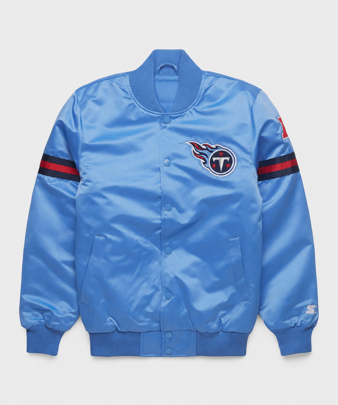 The Tennessee Titans Light Blue Satin Jacket with team logos with white background