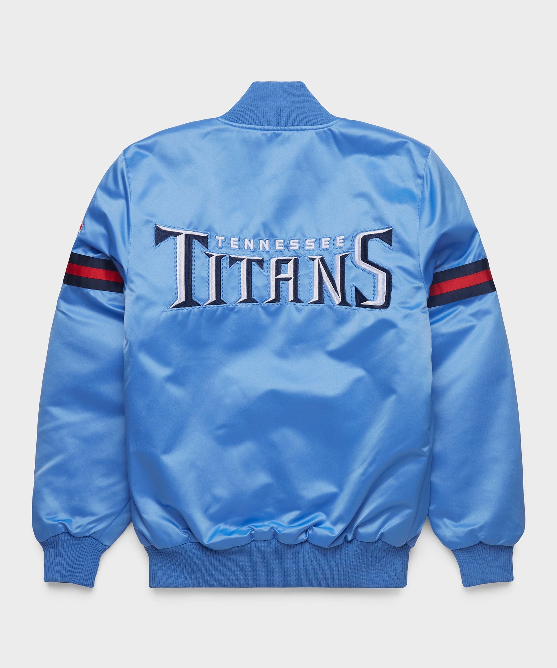 The Tennessee Titans Light Blue Satin Jacket with team logos with white background
