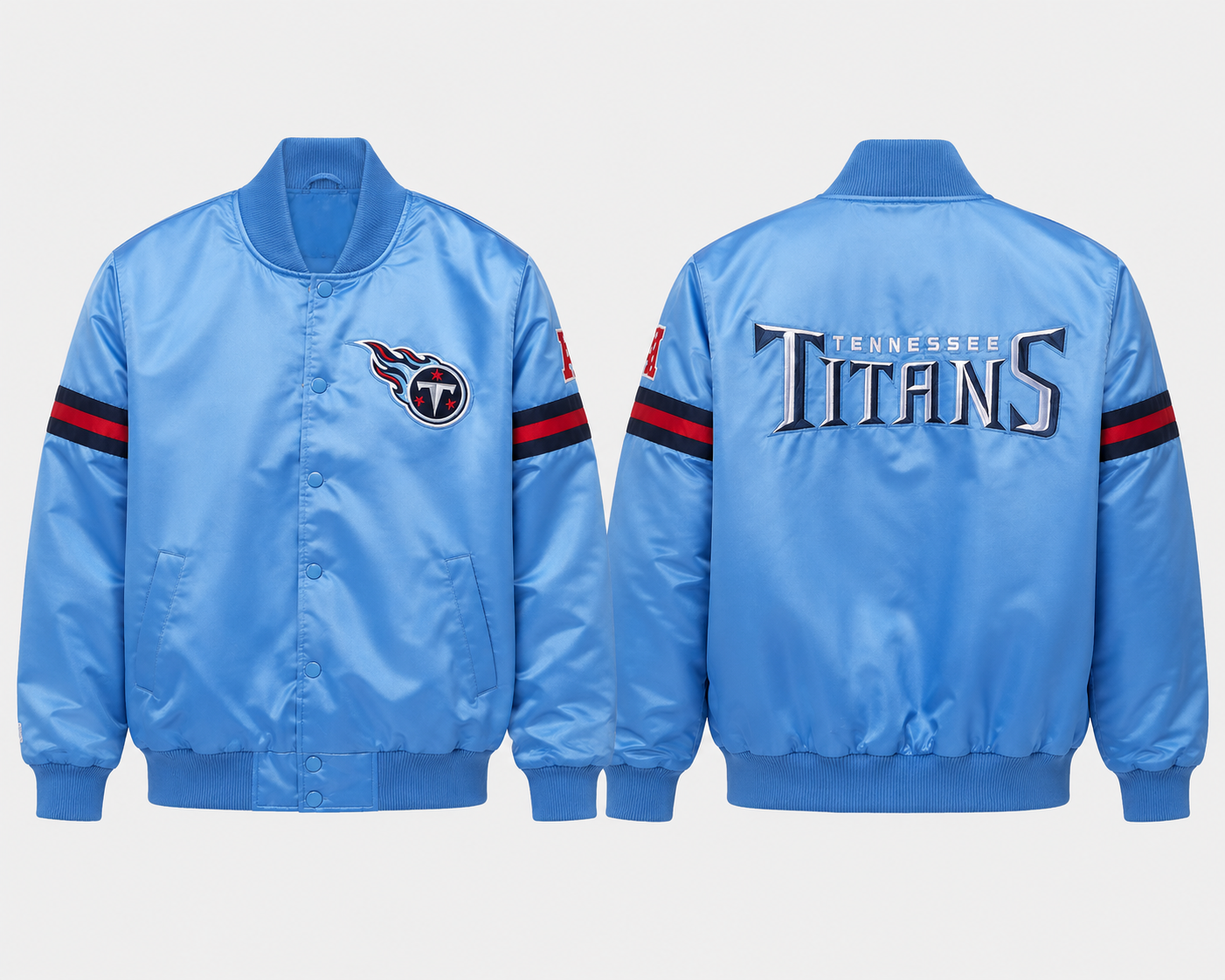 The Tennessee Titans Light Blue Satin Jacket with team logos with white background