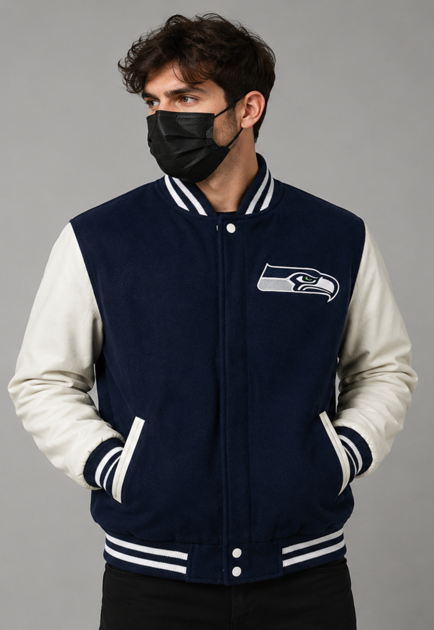 NFL Seattle Seahawks Navy Blue & White Varsity Letterman Bomber Jacket for Men & Women