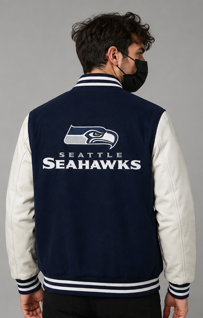 NFL Seattle Seahawks Navy Blue & White Varsity Letterman Bomber Jacket for Men & Women