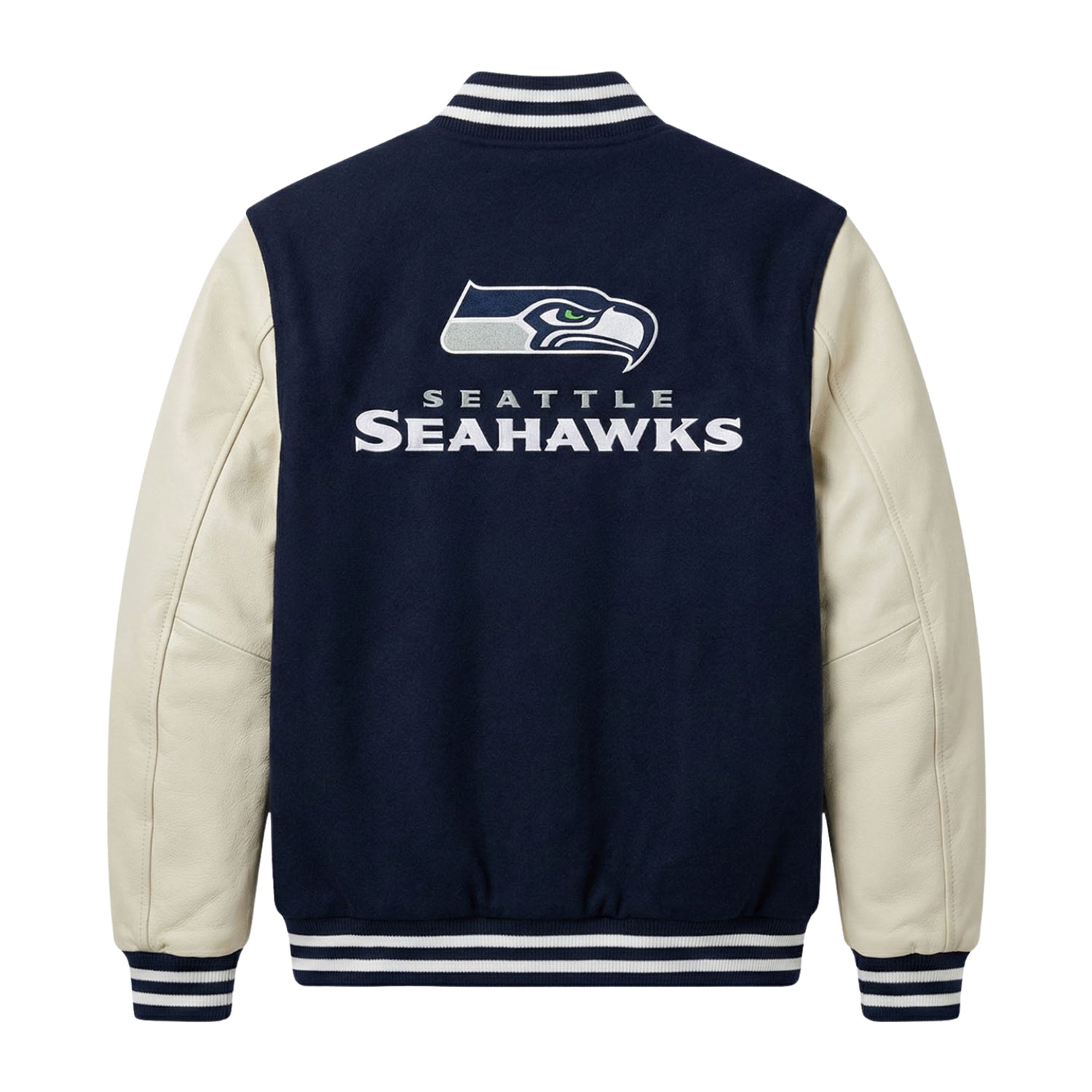 NFL Seattle Seahawks Navy Blue & White Varsity Letterman Bomber Jacket for Men & Women