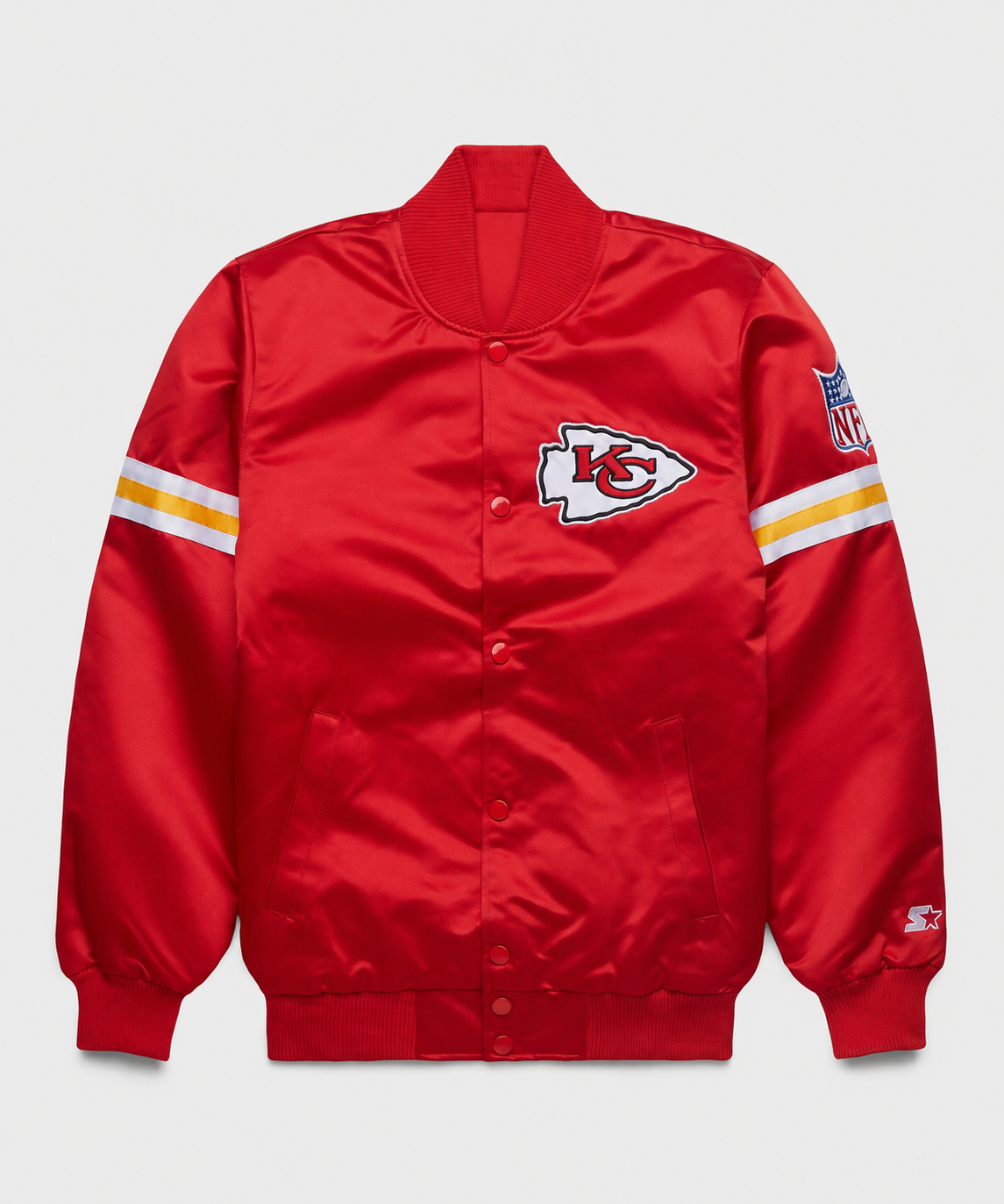 The Kansas City Chiefs Red Satin Jacket with team logos and a white background