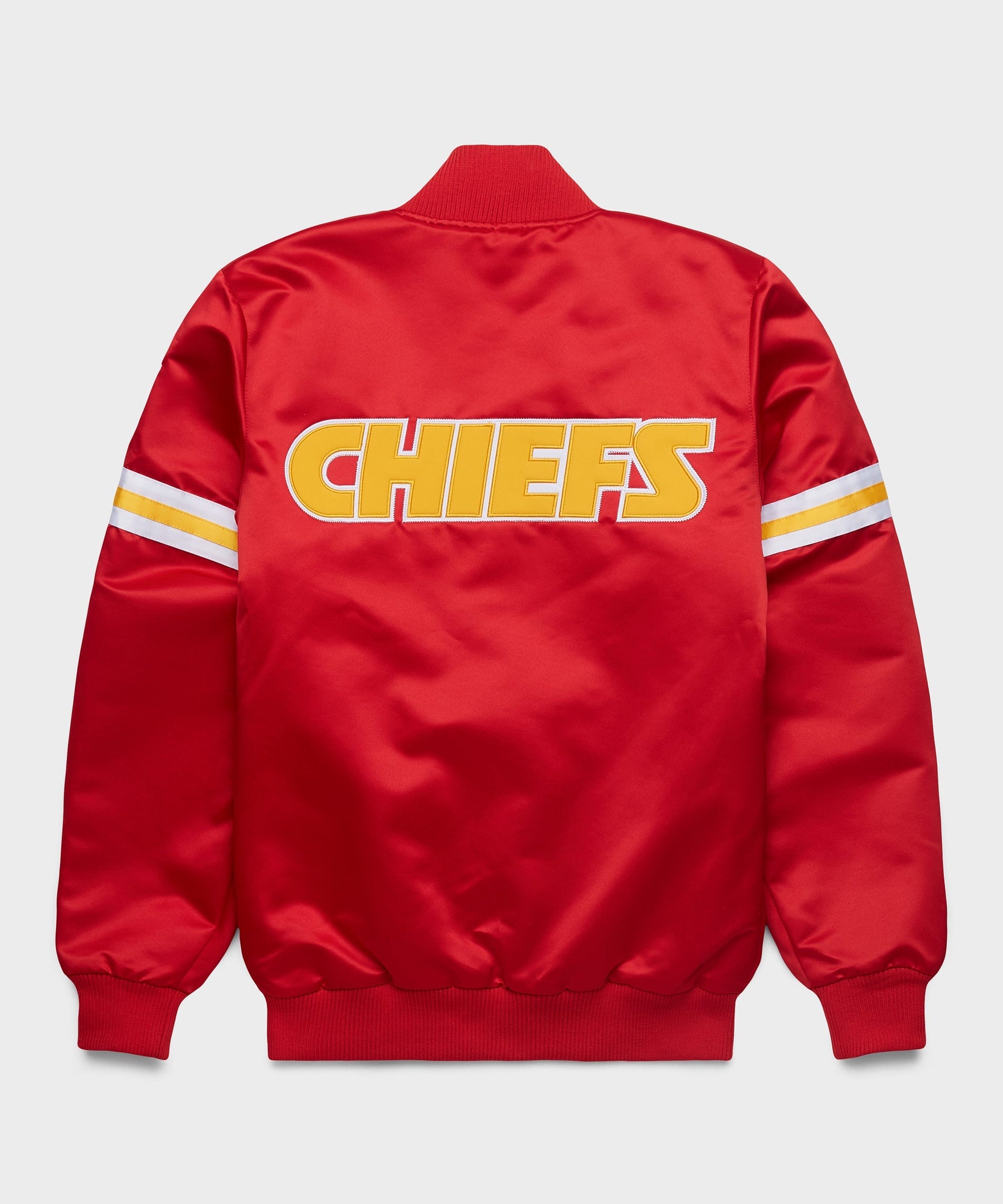 The Kansas City Chiefs Red Satin Jacket with "CHIEFS"  logo on a white background