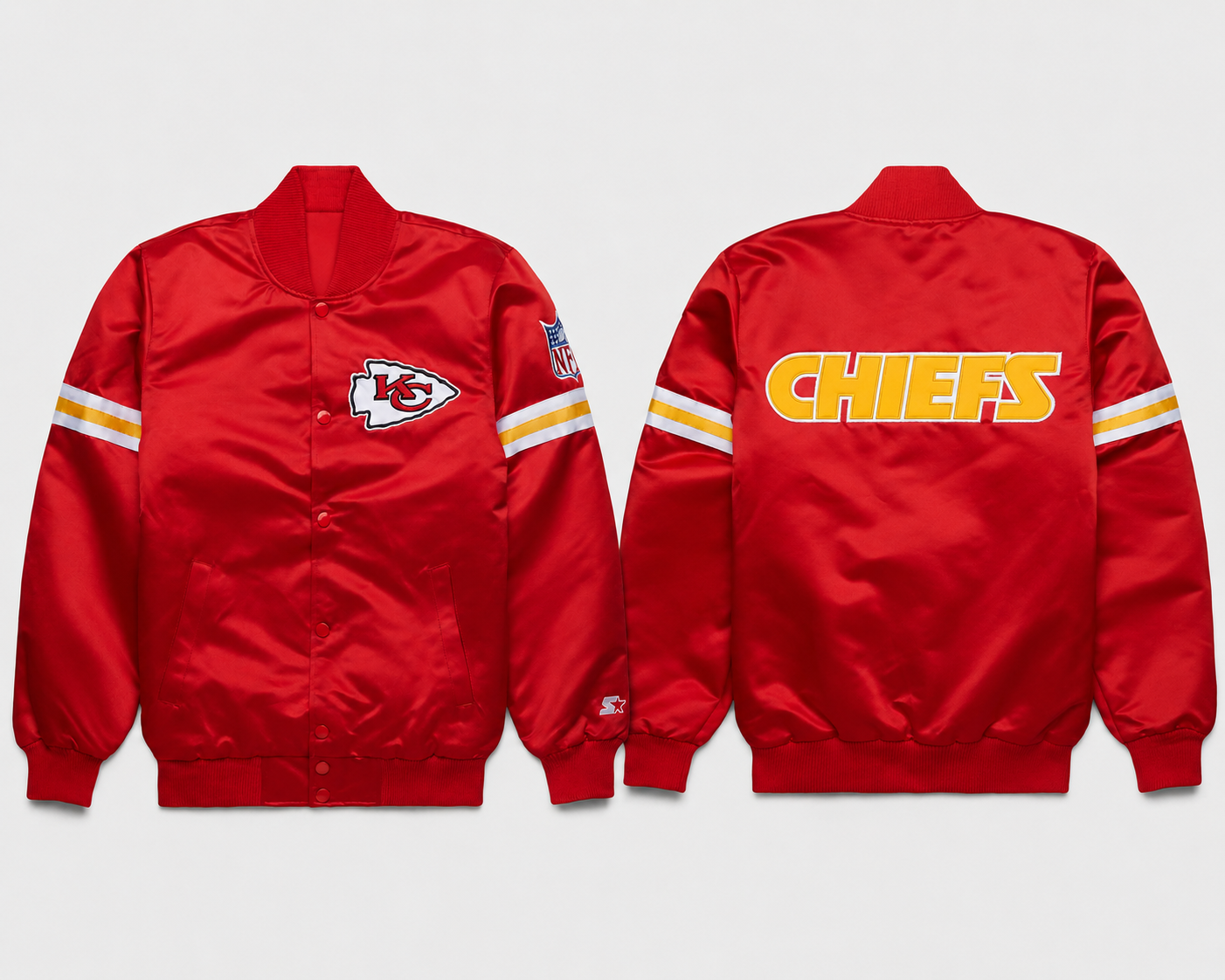 The Kansas City Chiefs Red Satin Jacket with team logos and a white background
