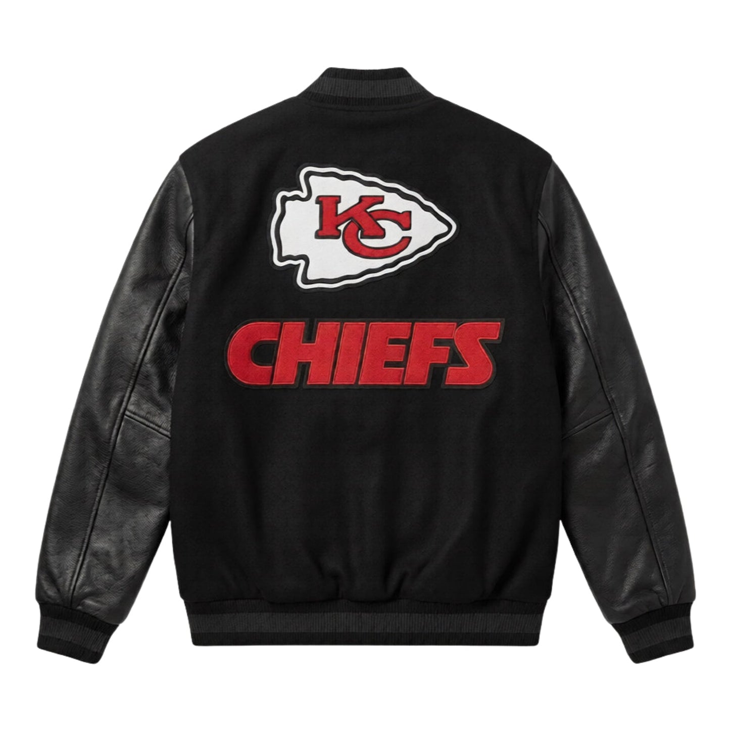 Black jacket with Kansas City Chiefs logo on a white background