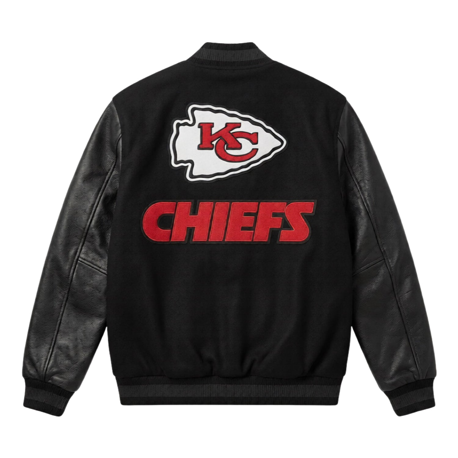 Black jacket with Kansas City Chiefs logo on a white background