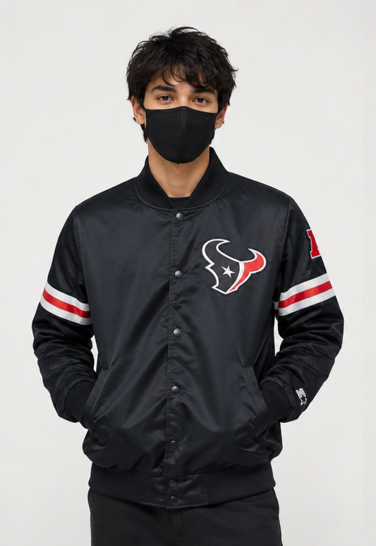 A Men Wearing The Houston Texans Black Satin Jacket with team logos with grey background