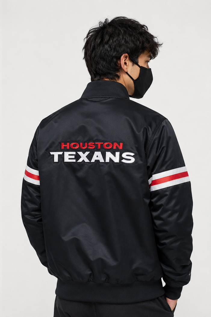 Men Wearing The Houston Texans Black Satin Jacket with team logos with grey background