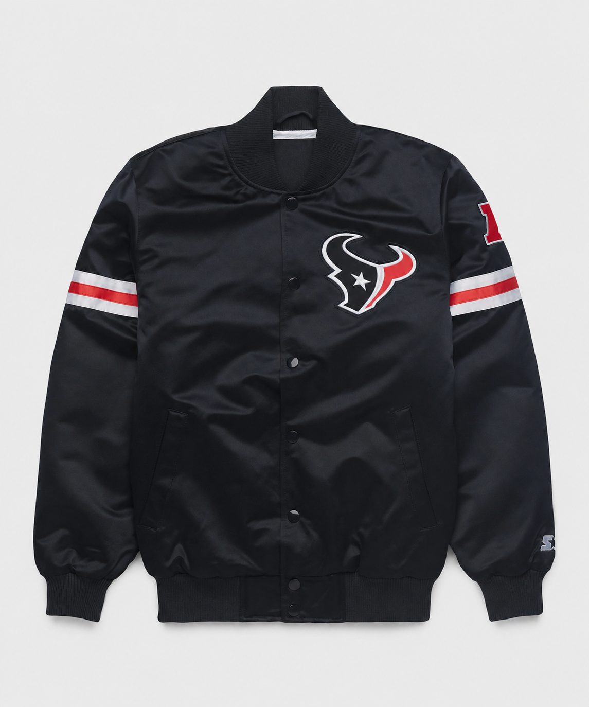 The Houston Texans Black Satin Jacket with team logos with white background