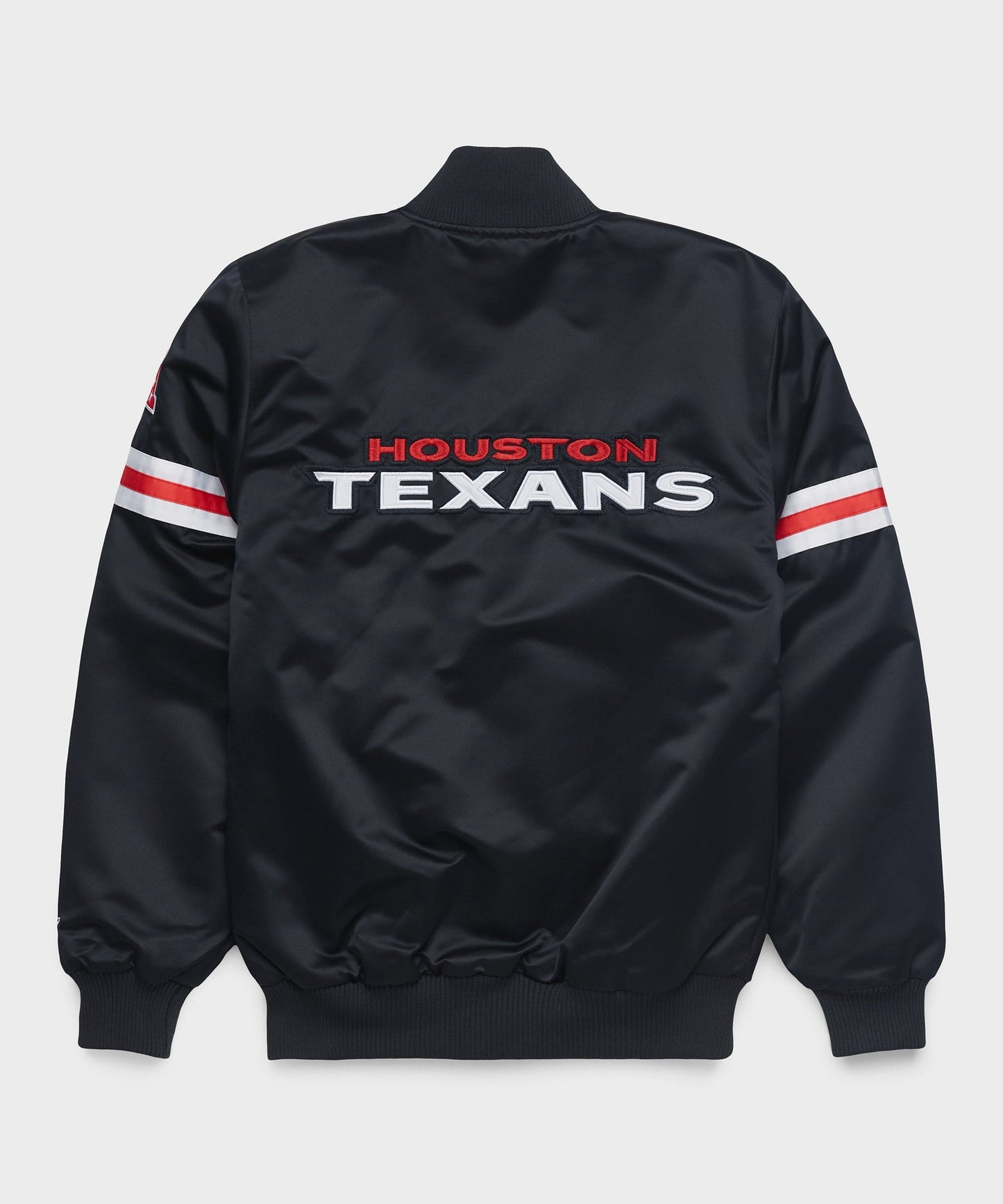 The Houston Texans Black Satin Jacket with "Houston Texans" logo with white background