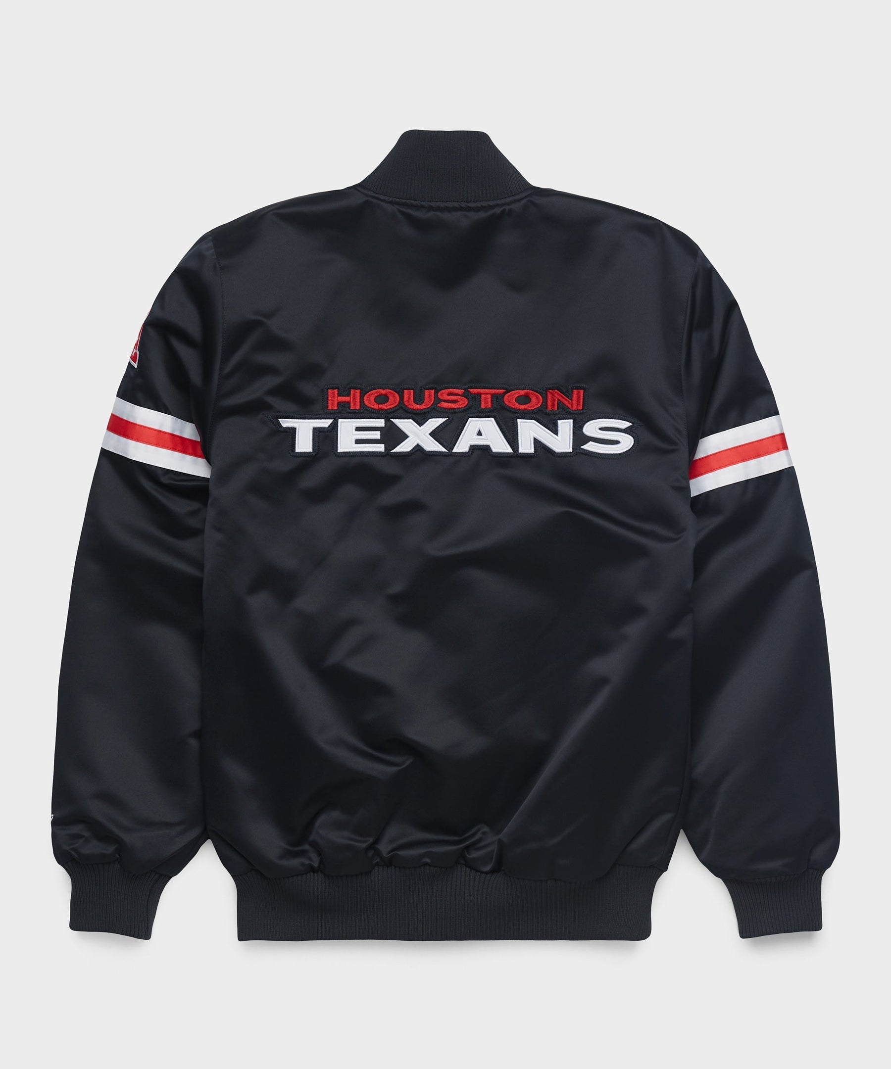 The Houston Texans Black Satin Jacket with "Houston Texans" logo with white background