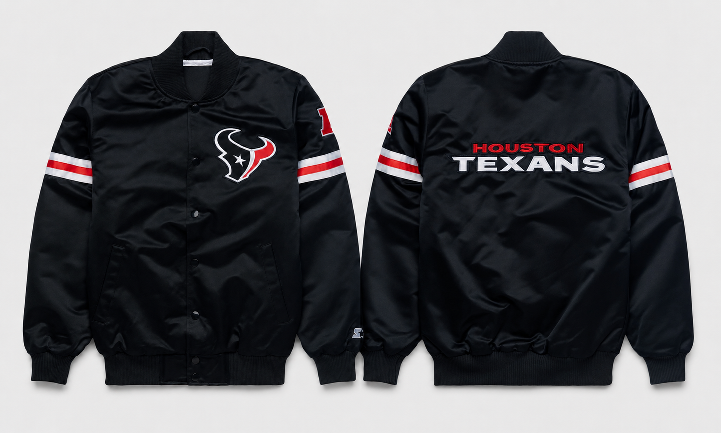 The Houston Texans Black Satin Jacket with team logos with white background