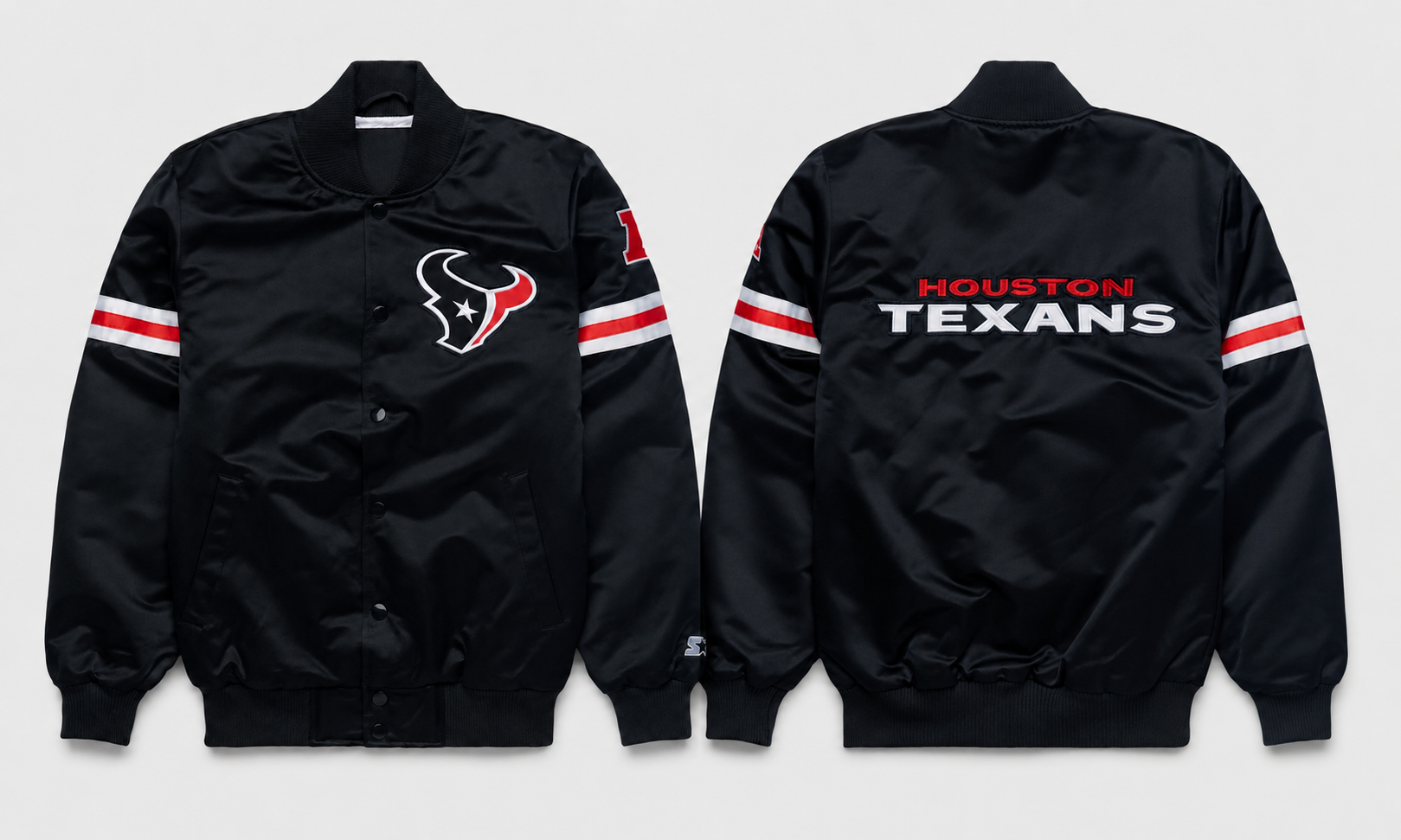 The Houston Texans Black Satin Jacket with team logos with white background