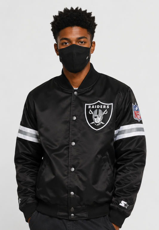 A Men Wearing The Las Vegas Raiders Black Satin Jacket with team logos with White Background