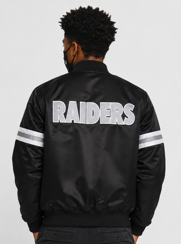 Men Wearing The Las Vegas Raiders Black Satin Jacket with team logos with White Background