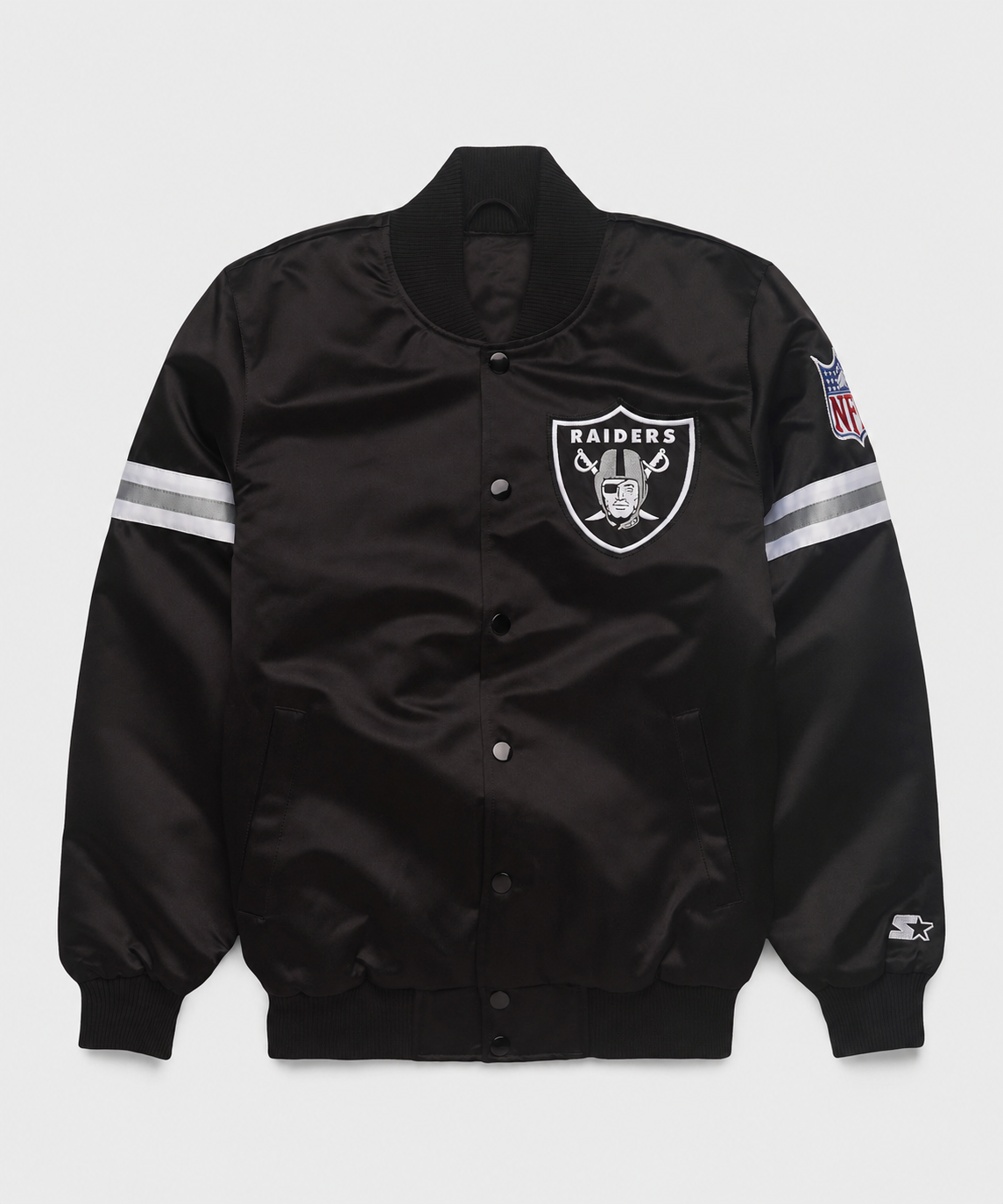 The Las Vegas Raiders Black Satin Jacket with team logos with White Background