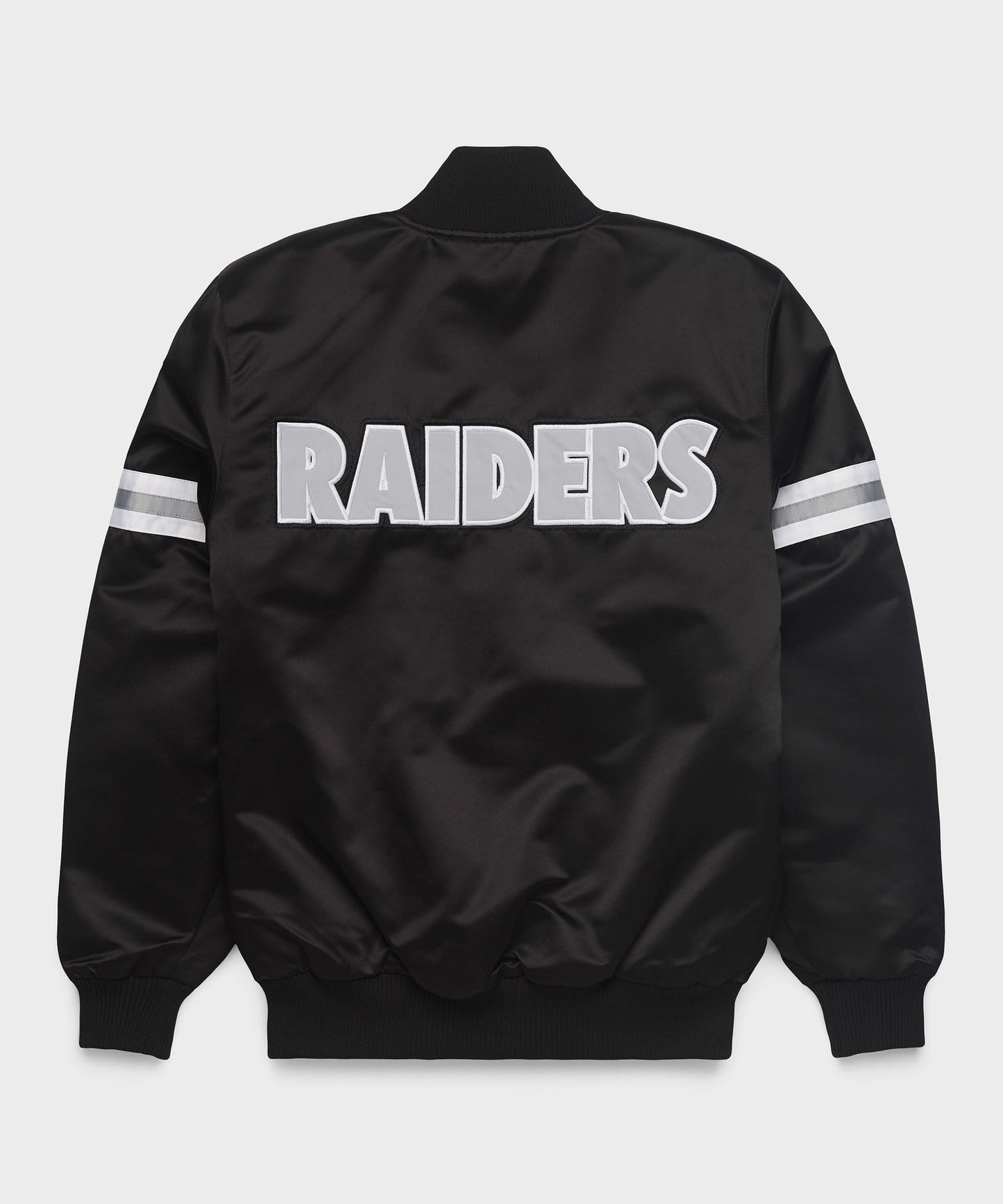 The Las Vegas Raiders Black Satin Jacket with " RAIDERS" logo with White Background