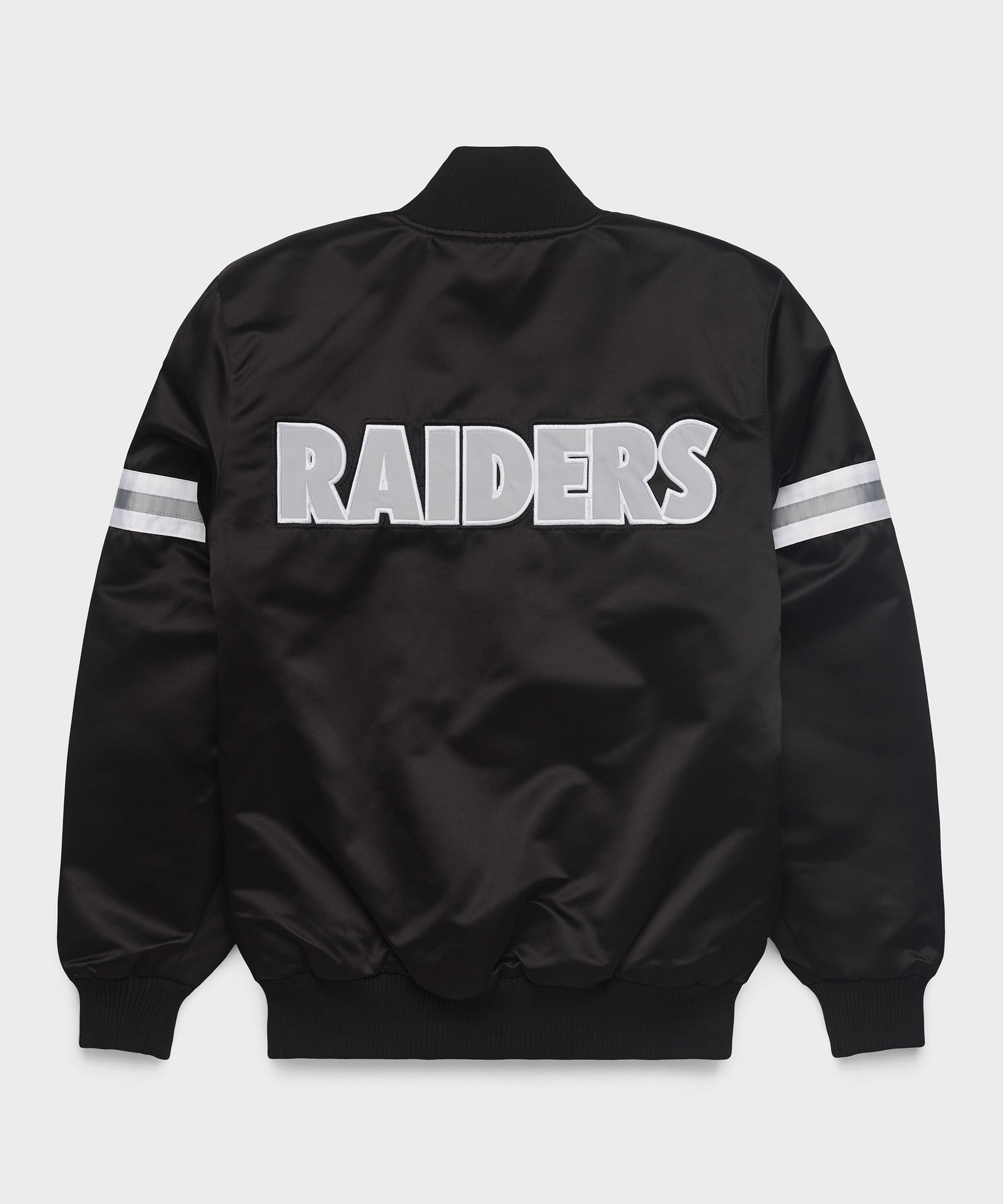 The Las Vegas Raiders Black Satin Jacket with " RAIDERS" logo with White Background