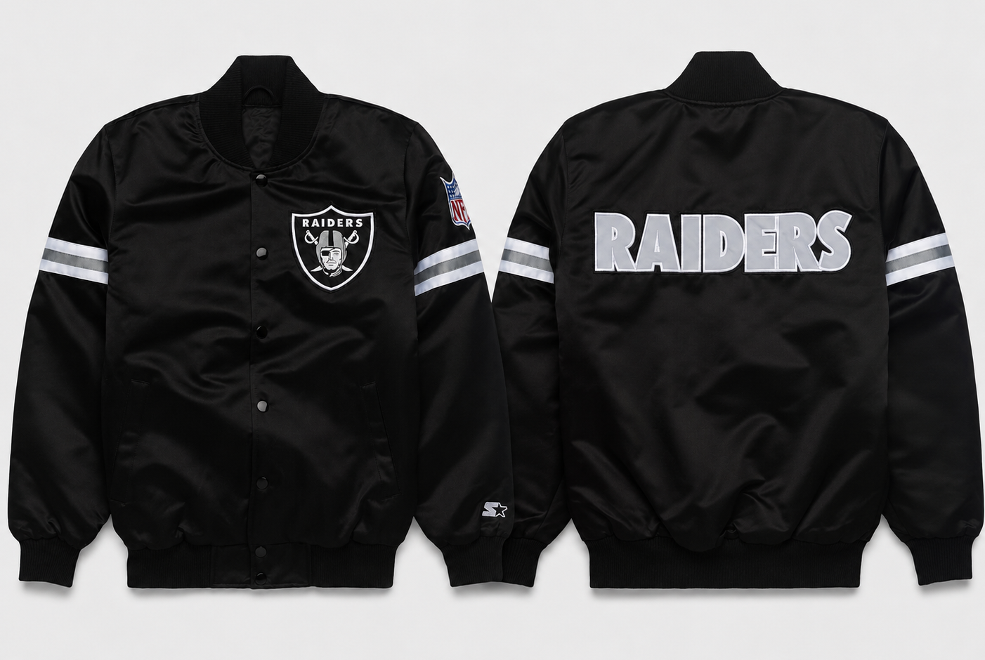 The Las Vegas Raiders Black Satin Jacket with team logos with White Background