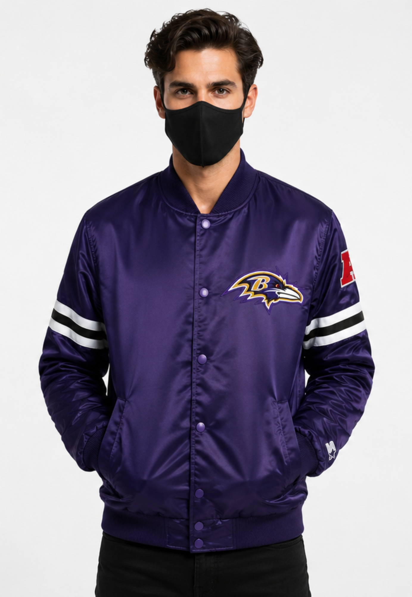 A Men Wearing The Baltimore Ravens Purple Satin Jacket with team logos with white background