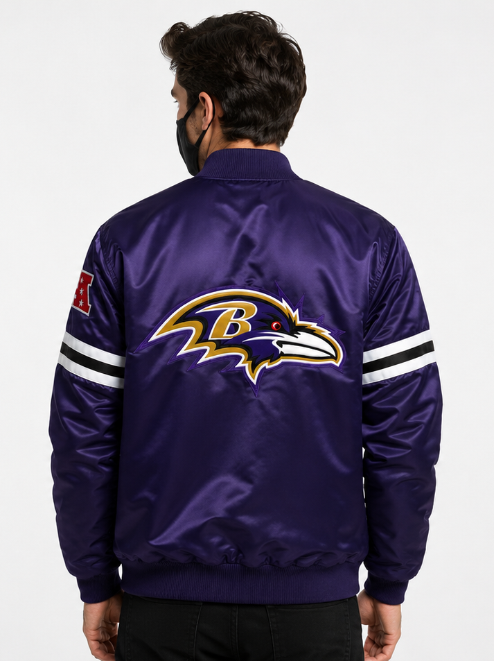 Men Wearing The Baltimore Ravens Purple Satin Jacket with team logo with white background