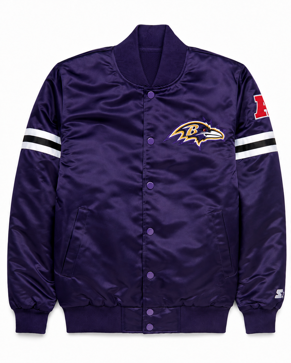 The Baltimore Ravens Purple Satin Jacket with team logos on a white background