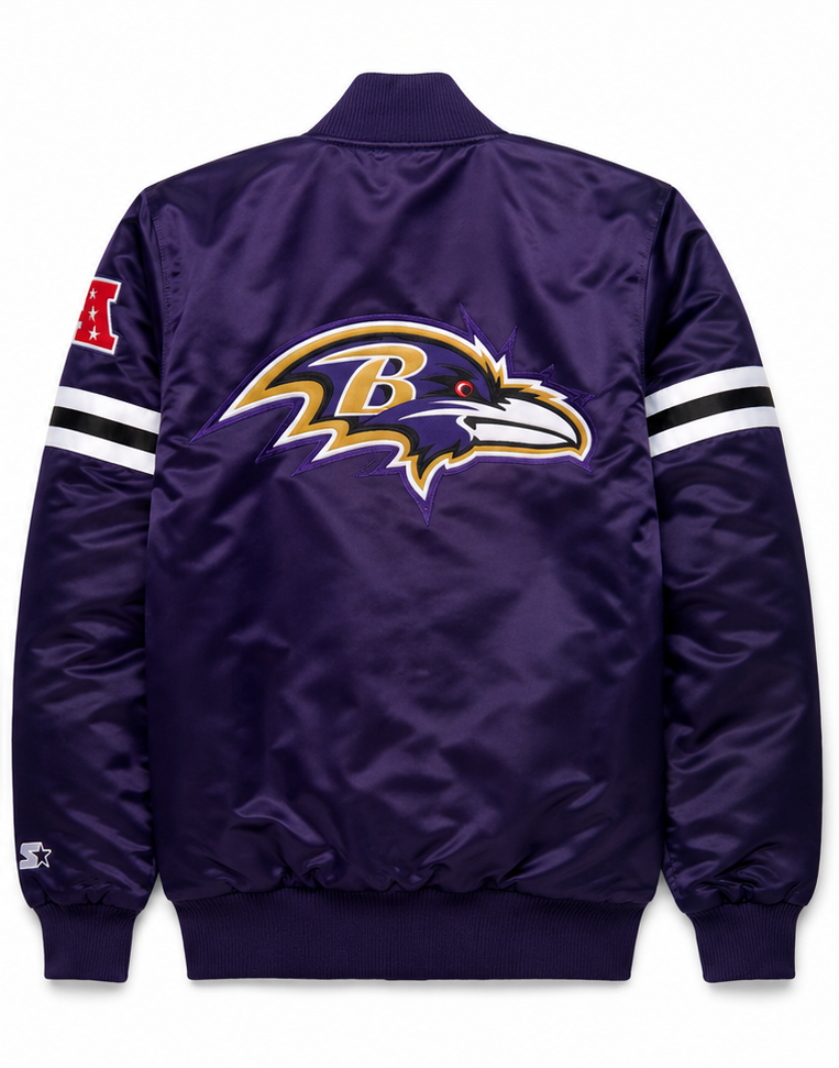 The Baltimore Ravens Purple Satin Jacket with team logo with white background