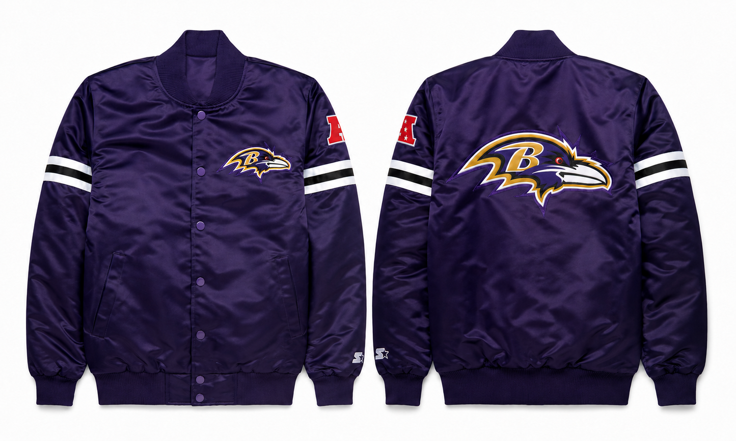 The Baltimore Ravens Purple Satin Jacket with team logos with white background