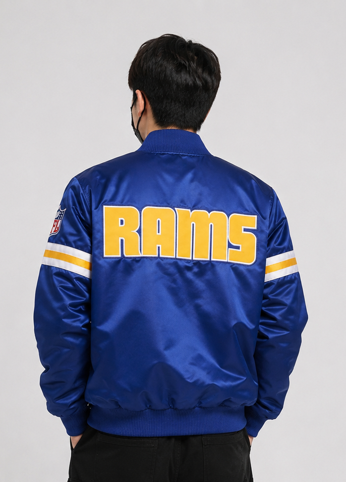 Men Wearing The Los Angeles Rams Satin Jacket with "RAMS" logo with White Background