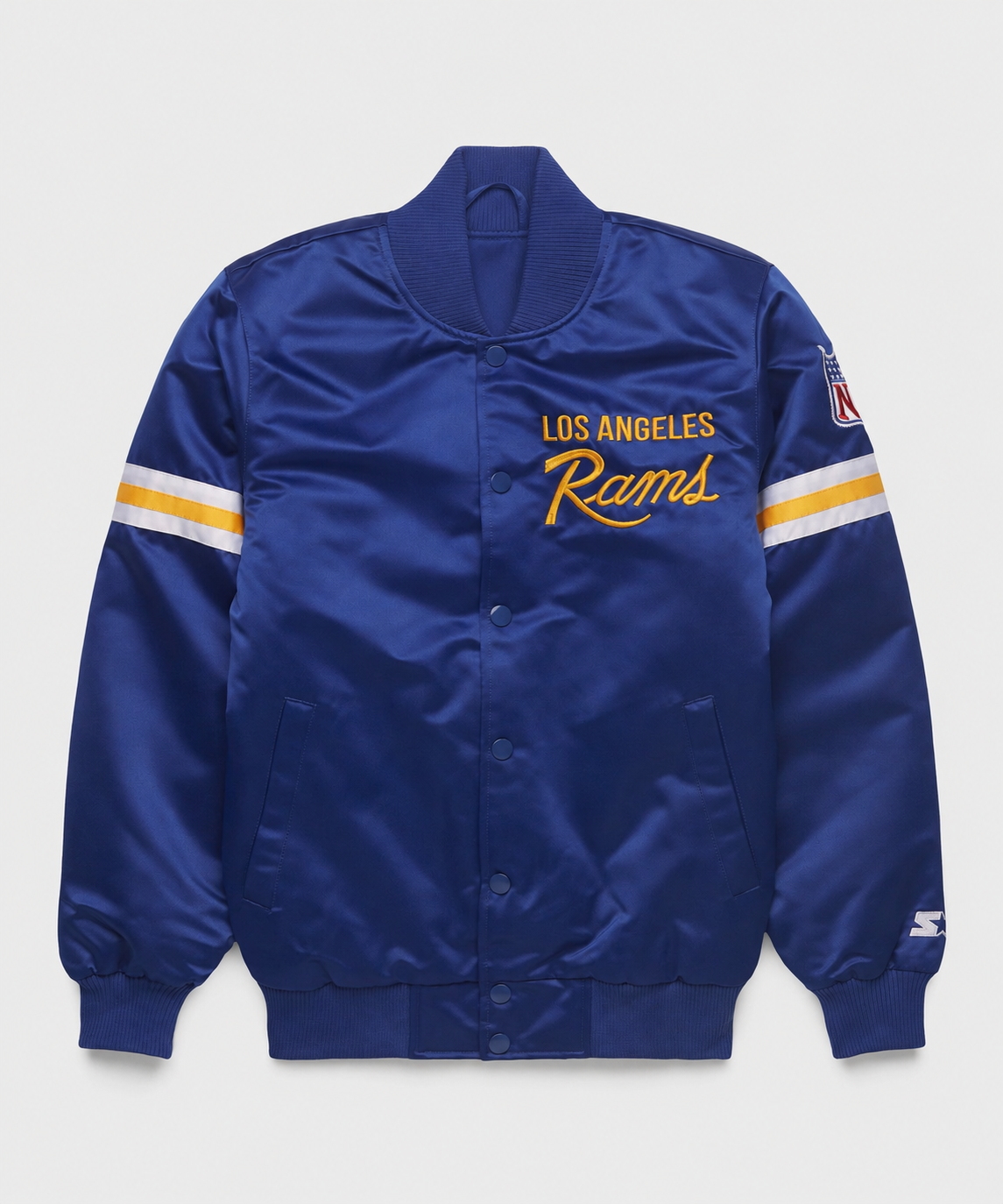 The Los Angeles Rams Satin Jacket with team logos with White Background