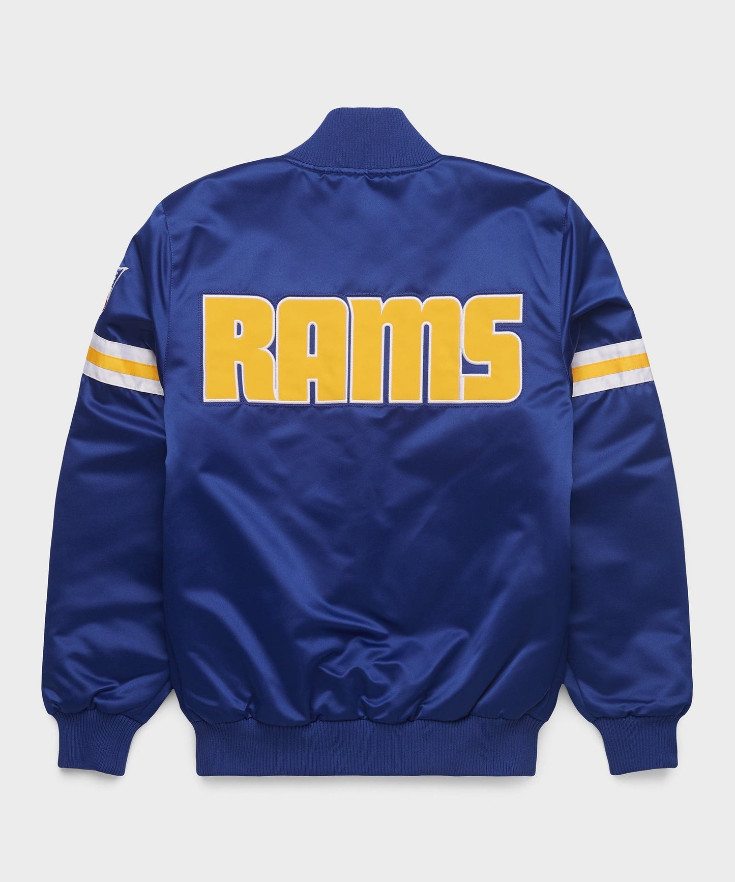 The Los Angeles Rams Satin Jacket with "RAMS" logo with White Background