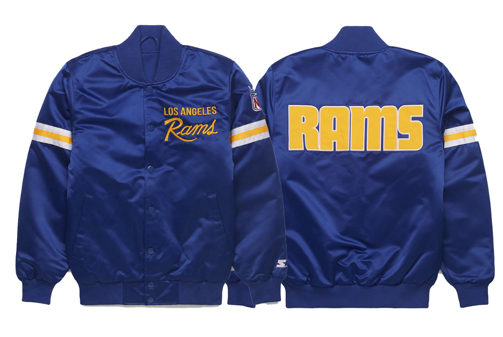 The Los Angeles Rams Satin Jacket with team logos with White Background