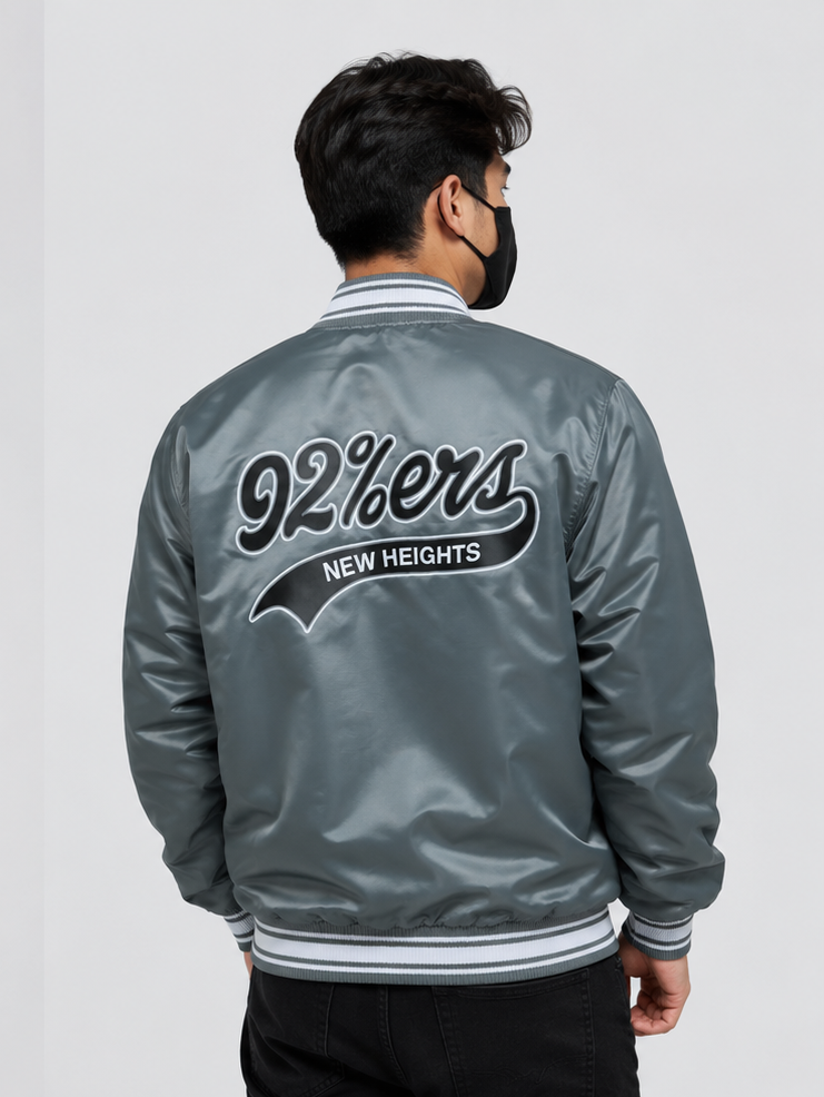 Men Wearing the New Heights 92%ers Gray Satin Jacket with "New Heights 92%ers" logo on a white background